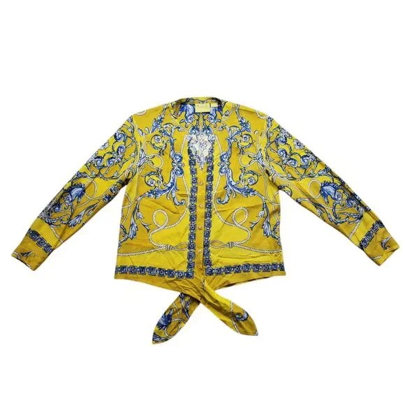 Anthropologie Maeve Elan Scarf Print Blouse 0 Yellow Horse Tie Front Equestrian - Picture 5 of 15